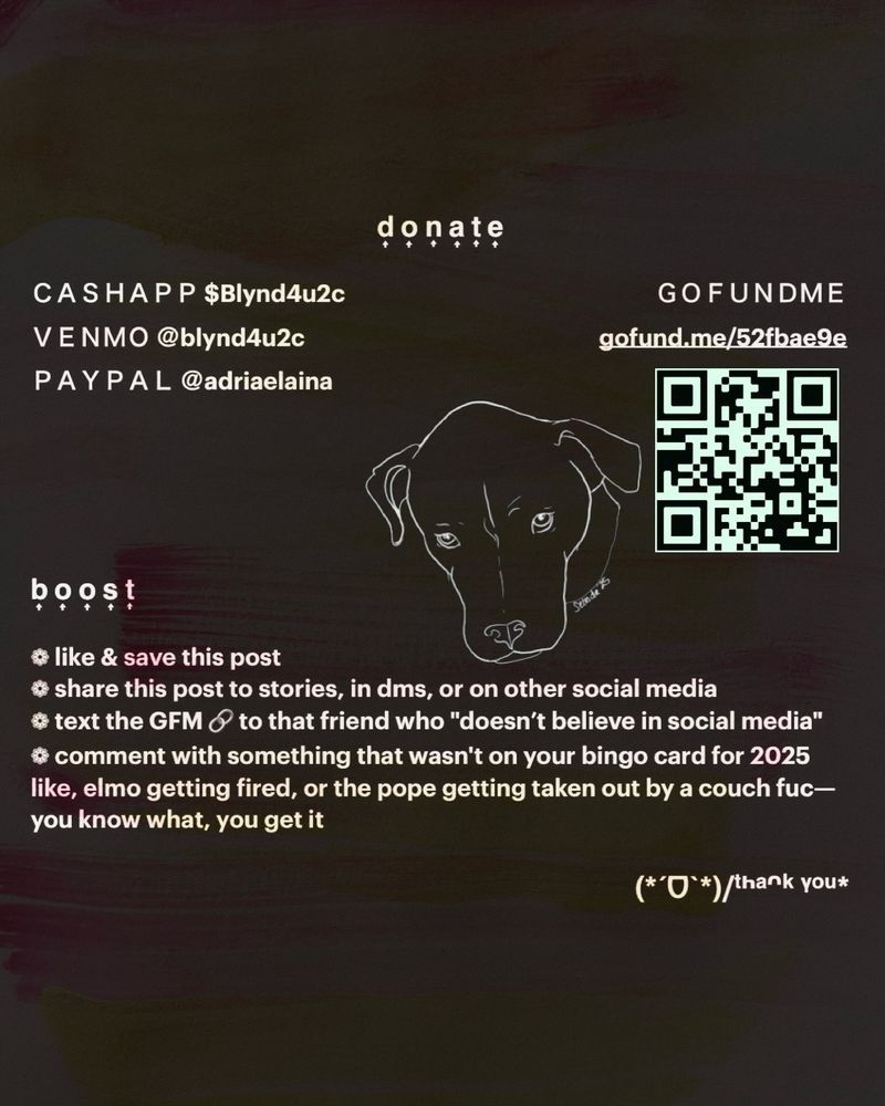 greyed out watercolor background with yellow and pink watercolor brushstrokes, sans-serif font:
"donate
cashapp $Blynd4u2c
venmo ＠blynd4u2c
paypal ＠adriaelaina 
gofundme gofund.me/52fbae9e"
break in text for qr code for gofundme & doodle of otys from first slide, then text continues
"boost
• like & save this post 
• share this post to stories, in dms, or on other social media
• text the gofundme link to that friend who doesn’t believe in social media
• comment with something that wasn't on your bingo card for 2025 like, elmo getting fired, or the pope getting taken out by a couch fuc— you know what, you get it
thank you"