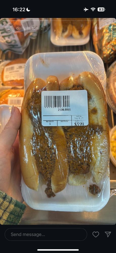 Two chili dogs on a styrofoam tray and shrink wrapped. Priced at $3.99!