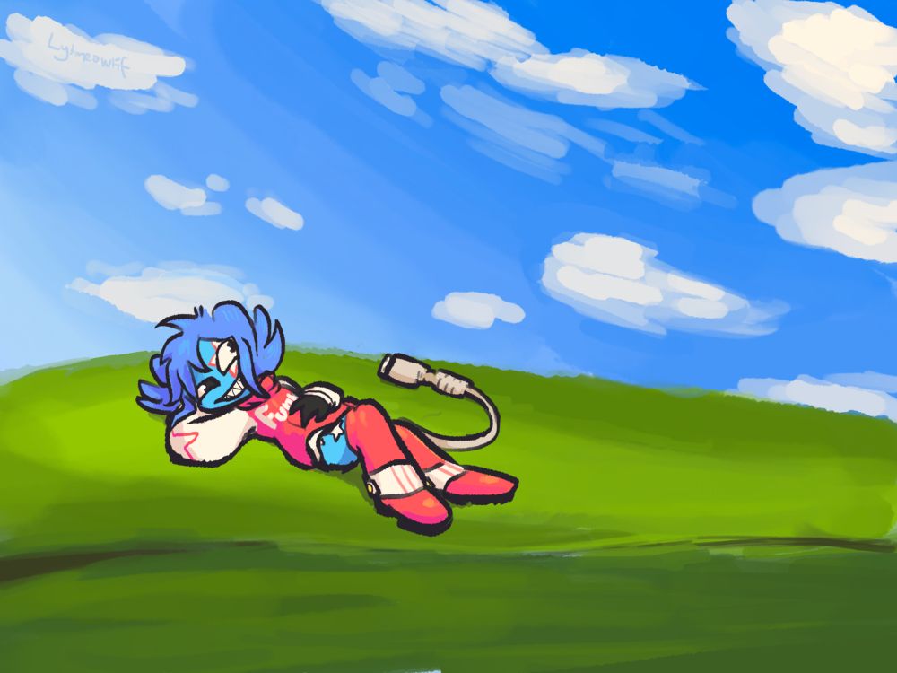 Rubyfunkey - a plastic, toylike creature with a red hoodie, blue skin and a toothy smile - reclines smugly on a Windows Bliss desktop.