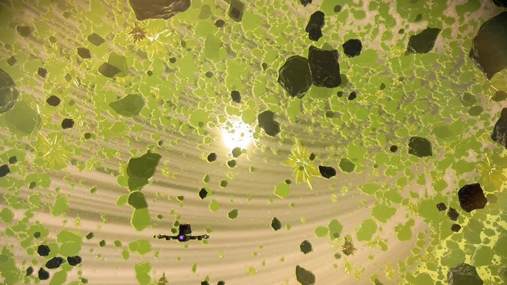 An asteroid in No Man's Sky. There is a green hue to the asteroid field, and the sun peeks through the gaps