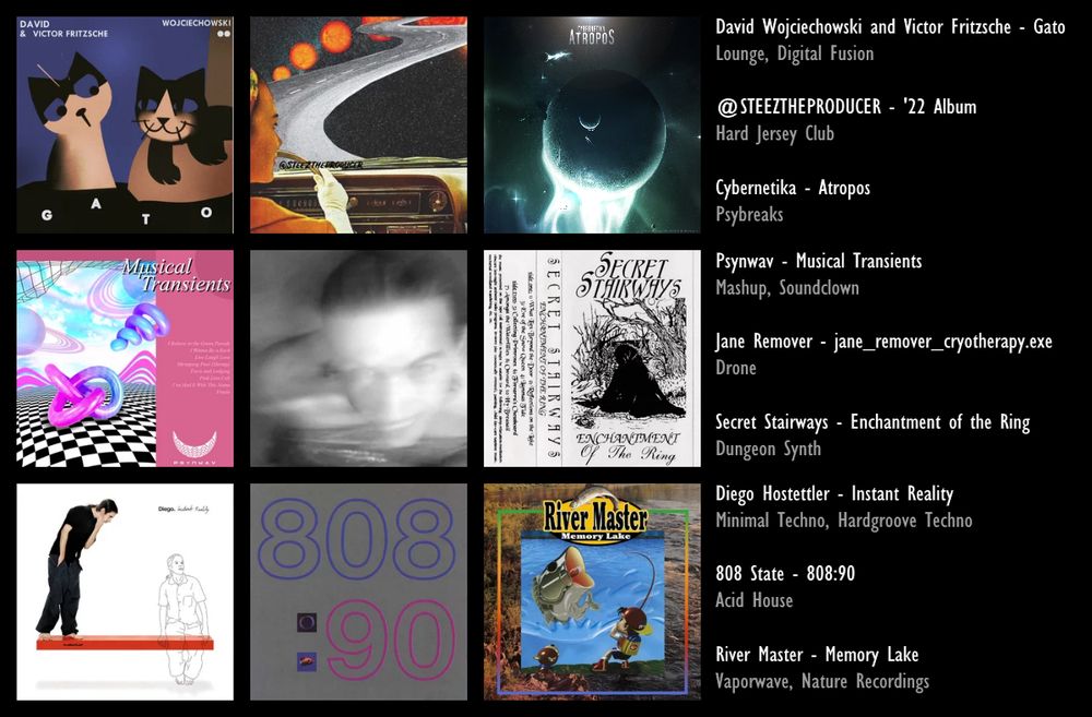 David Wojciechowski and Victor Fritzsche - Gato
Lounge, Digital Fusion

@STEEZTHEPRODUCER - '22 Album
Hard Jersey Club

Cybernetika - Atropos
Psybreaks

Psynwav - Musical Transients
Mashup, Soundclown

Jane Remover - jane_remover_cryotherapy.exe
Drone

Secret Stairways - Enchantment of the Ring
Dungeon Synth

Diego Hostettler - Instant Reality
Minimal Techno, Hardgroove Techno

808 State - 808:90
Acid House

River Master - Memory Lake
Vaporwave, Nature Recordings