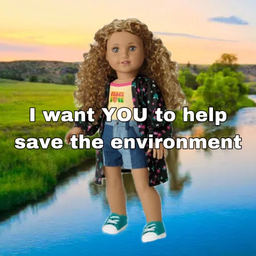 A biracial Black and White doll with long, blonde curly hair, gray eyes, tan skin, and freckles stands in front of a scenic river at sunrise. She is wearing a yellow tank top with pink trim and a graphic saying "Peace" in bright pink with a yellow outline and "Love" in green with a yellow outline. The "o" in "love" is a pink heart with yellow lines inside to look like a peace sign. She is also wearing a black duster cardigan with pink and green flowers, denim shorts with light wash and dark wash denim panels, and teal Converse style low top sneakers with white soles and white shoelaces. The image text says, "I want YOU to help save the environment"