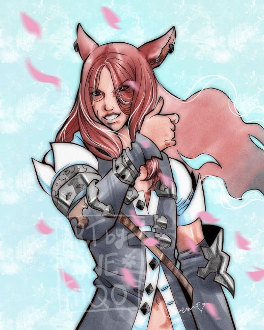 Drawing of a Final Fantasy XIV avatar, a male Miqo'te with long red hair. He's wearing the starting gear for male Miqo'te and doing a thumbs up gesture with a big smile on his face. Sakura petals are dancing on the foreground.