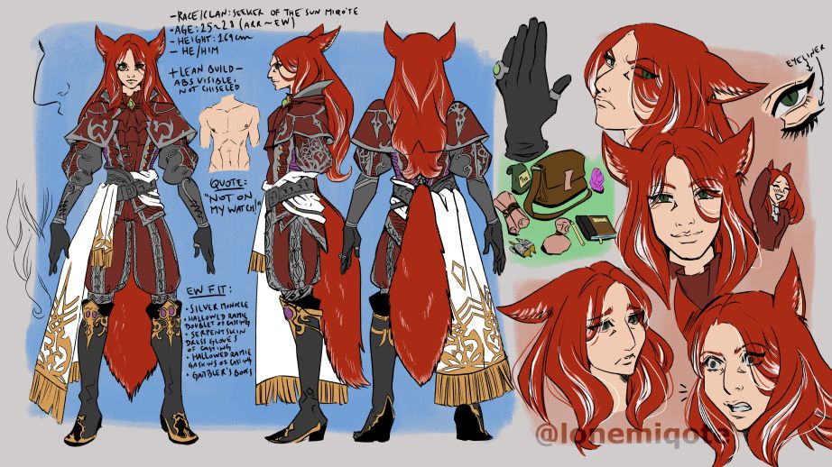 Character reference sheet for T'khot Soulblaze, a Final Fantasy XIV Warrior of Light. He is a male Miqo'te with long red hair and green eyes. The reference sheet has a front view, a side view and a back view, four expressions (angry, smiling, sad and surprised), some notes about details like hands, body type and eyes, and the contents of his bag.