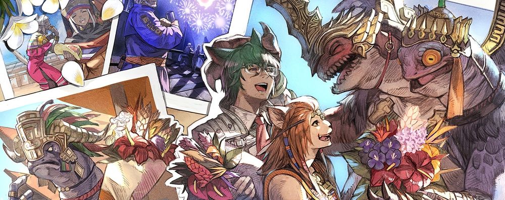Artwork for the 2025 edition of The Rising in Final Fantasy XIV, featuring Gulool Ja Ja, Wuk Lamat, Koana and Zoraal Ja from Dawntrail.