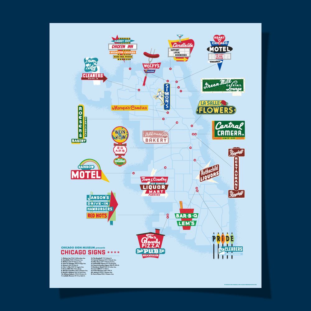Illustration showing 21 iconic signs throughout Chicago.