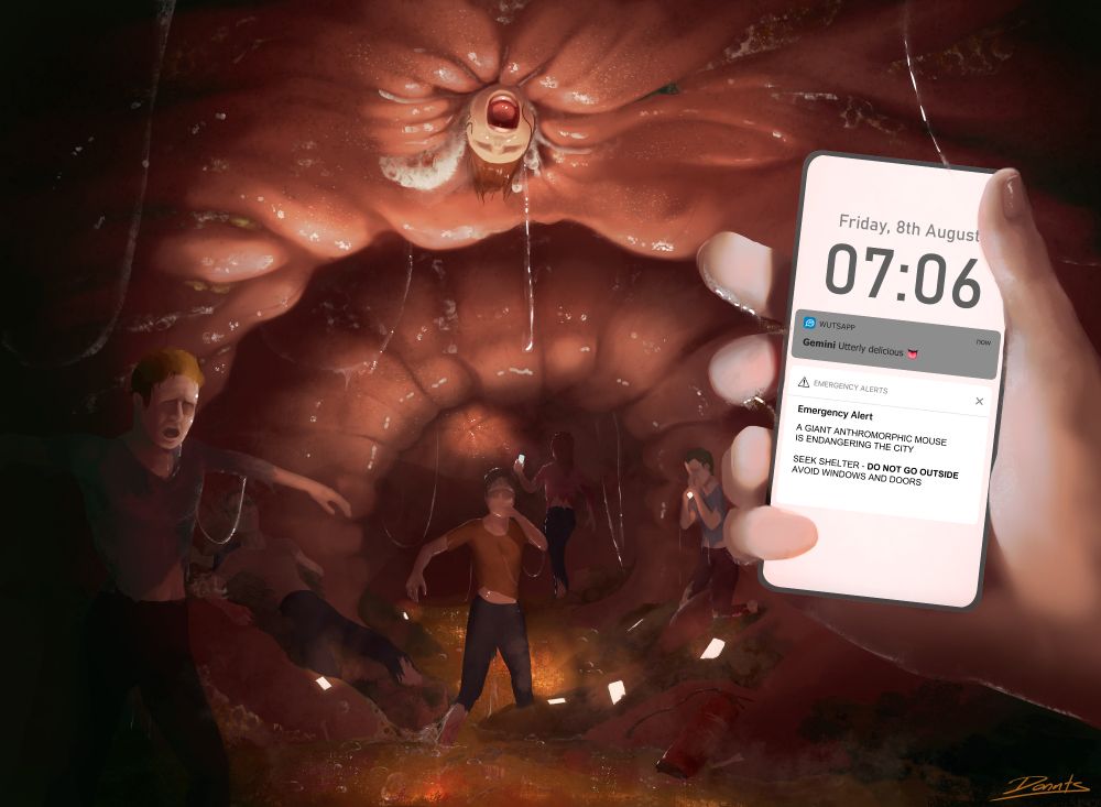 internal perspective of a partially lit slimy chamber of wrinkles and chyme illuminated by several phones. The stomach of a rodent contains six people, four standing and one collapse on the edges where the wrinkles and chyme splash upon the body. One new person is being squeezed in from the stomach sphincter head first, their mouth opened as if screaming. Among the image is a phone screen, filled with white on emergency power- the time reads 7:06- the date Friday, The eight of August. Two notifications, one with an emergency alert "A GIANT ANTHROMORPHIC MOUSE IS ENDANGERING THE CITY ¶ SEEK SHELTER- *DO NOT GO OUTSIDE* AVOID WINDOWS AND DOORS" the second, more recent, is wutsapp with the user Gemini (me ♥) "Utterly Delicious 👅"