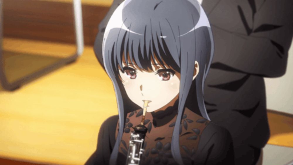 a girl with long black hair is holding a clarinet