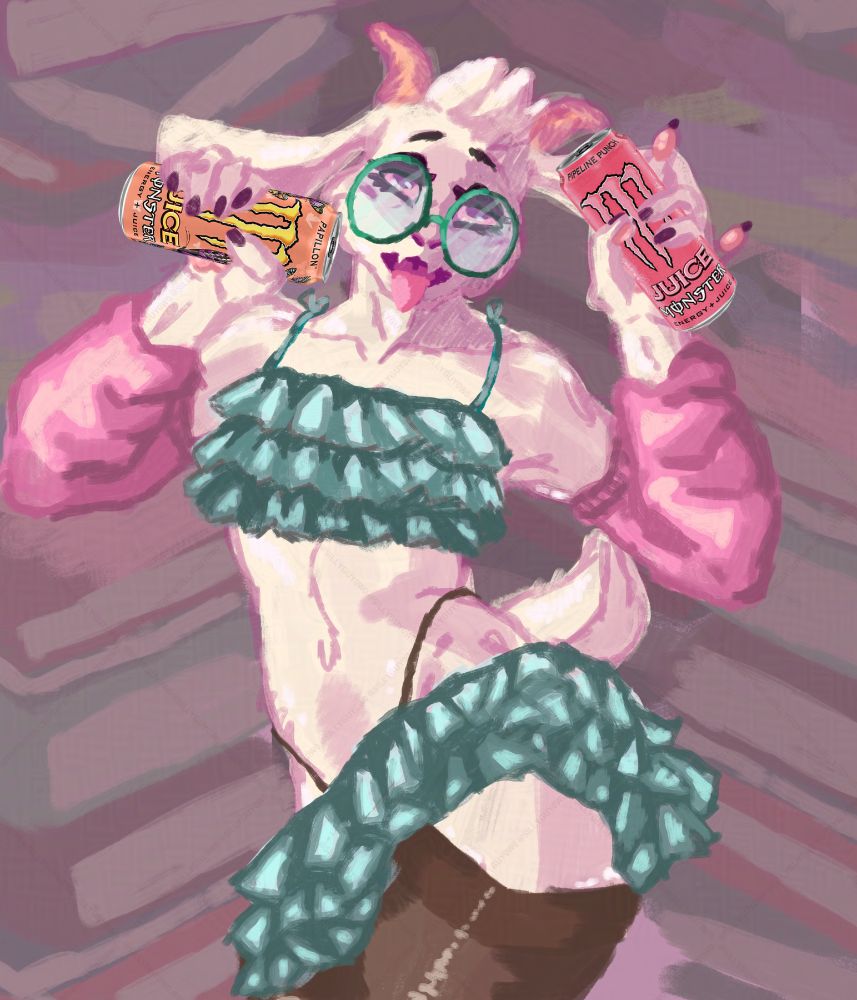 Asriel Dreemurr Holds 2 monster energy cans up smiling and sticking out his tongue, midriff exposed he is wearing a ruffled two piece and some thigh highs