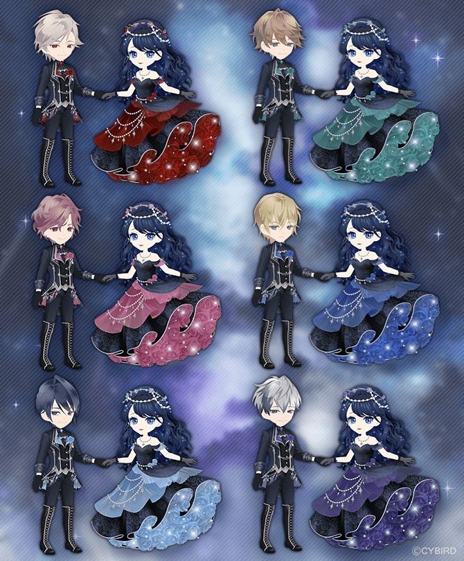 Sample Image of the different dresses you can get depending on your favorite villain — the style doesn't change, but you can get it in the representative color of each of them. Red for William, mint green for Harrison, pink for Liam, blue for Elbert, light blue for Alfons and violet for Jude.