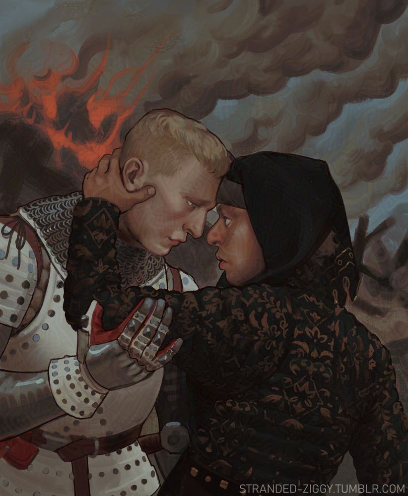 digital painting of erik (left) and istvan (right) embracing in front of a burning pile of ruins