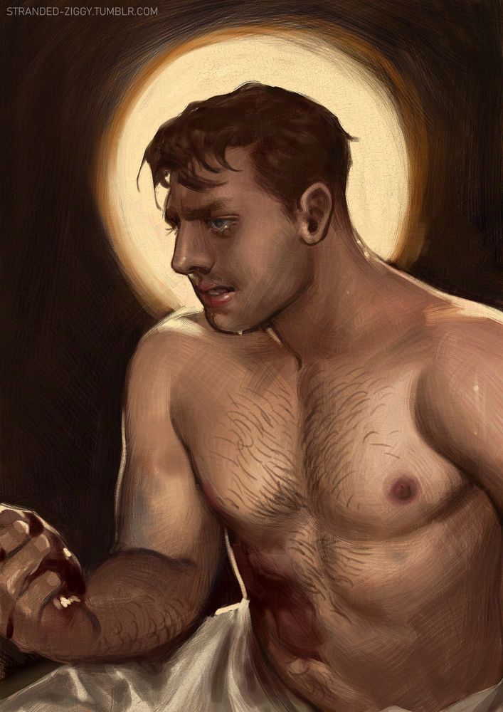 digital painting of a shirtless henry wearing nothing but his braies with a serious wound on his abdomen holding out a bloodstained hand
the background is dark with a yellow halo