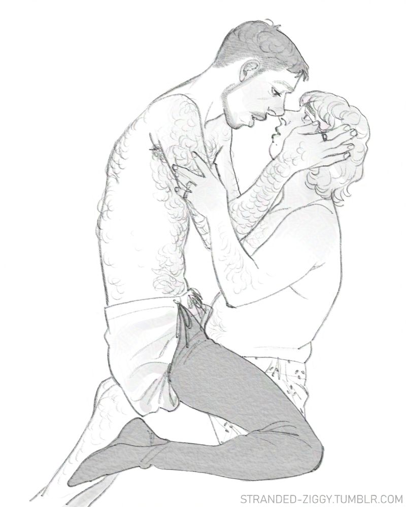 black and white sketch of sam straddling john and holding his face in his hands