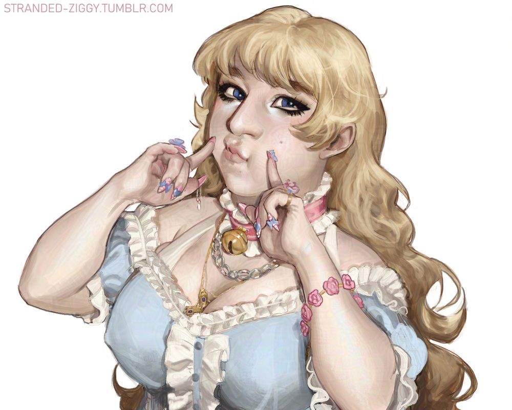 digital painting of my modern au girl version of john of liechtenstein in kcd, she's got long blonde hair and is dressed in a frilly blue dress with lots of jewellery

...dw im aware of how over the top this is and I don't care. she's beautiful