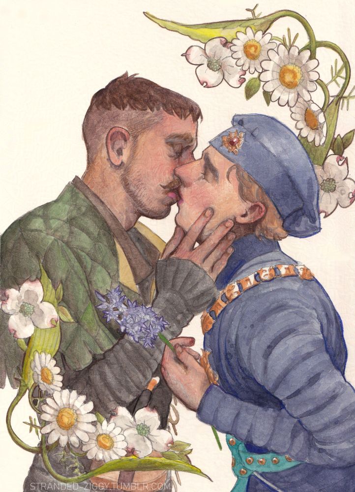 scan of a traditional watercolor painting featuring:
samuel (left) and john (right) from kingdom come deliverance 2 kissing
sam has his hand on johns cheek and john is holding a hyacinth 
decorating the corners are clusters of leaves, chamomile flowers and dogwood flowers