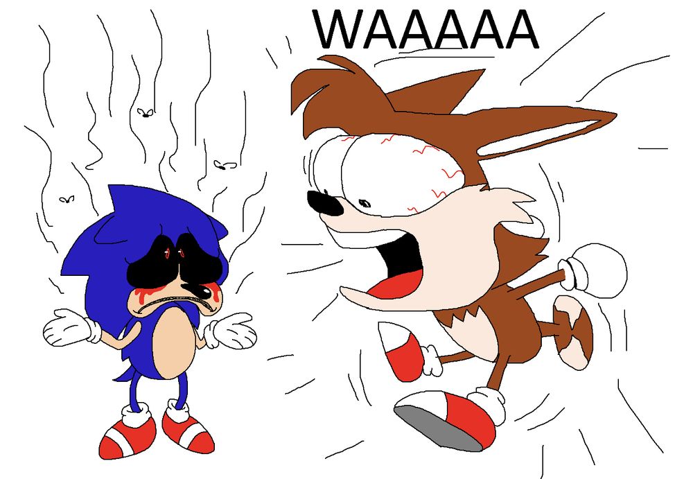 a quick crude doodle I did of Tails with abnormally large head screaming in fear in a very cartoonish way at a very sad looking Sonic.exe who doesn't know what he did.