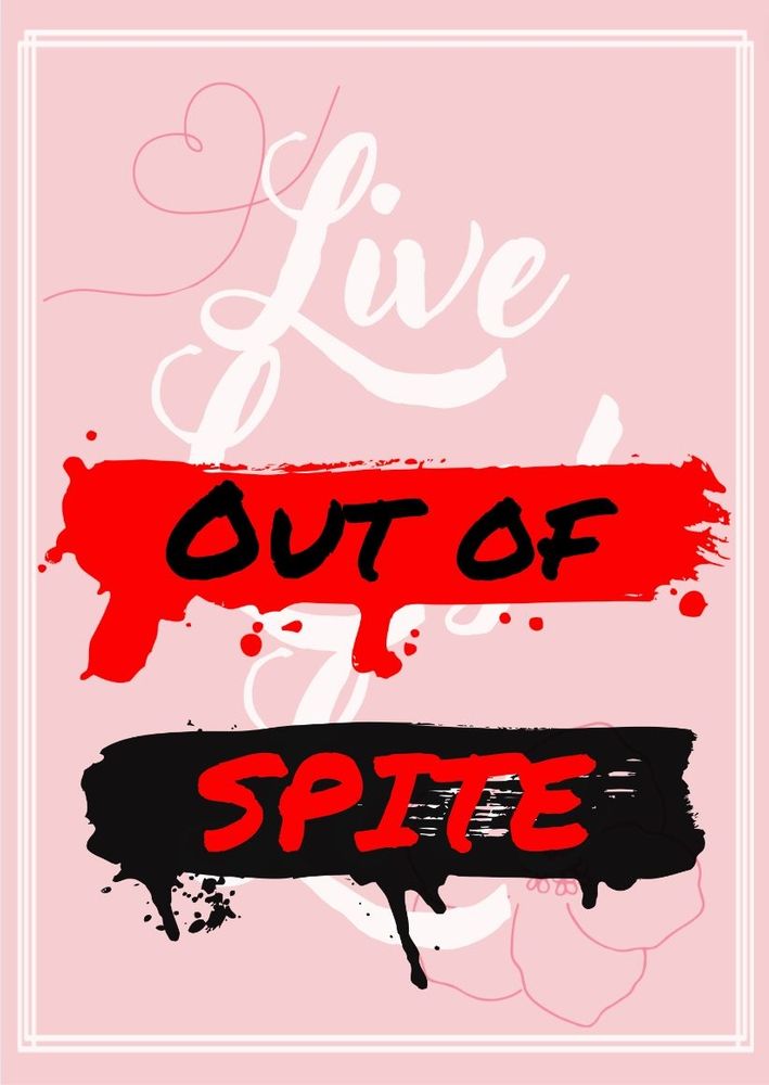 A stereotypical pink "live, laugh, love" poster, with the last two words scrawled over in red and black so it reads "Live OUT OF SPITE"