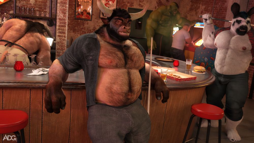 Hugo the Minotaur at the Milk Bar with a host of other characters. I love this hunk of a Minotaur so much. ❤️‍🔥

Created by Ad-Games