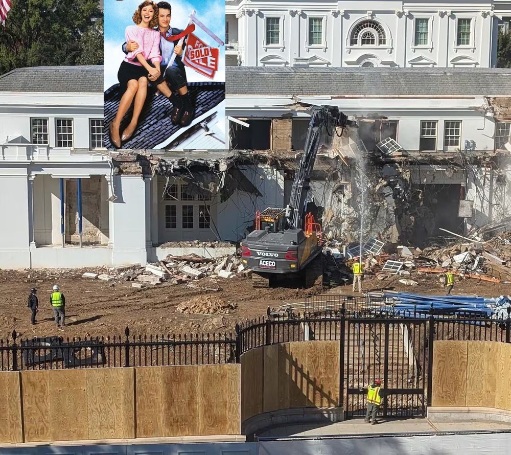 The White House East Wing demolition with part of the cover art for The Money Pit added to the top. It is of Tom Hanks and Shelley Long sitting on the roof of a house holding a red house For Sale sign with a Sold sticker across it. The roof is tilting to the side.