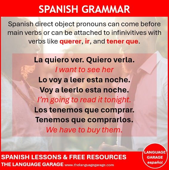 Grammar note on Spanish direct object pronouns, image of two people talking
