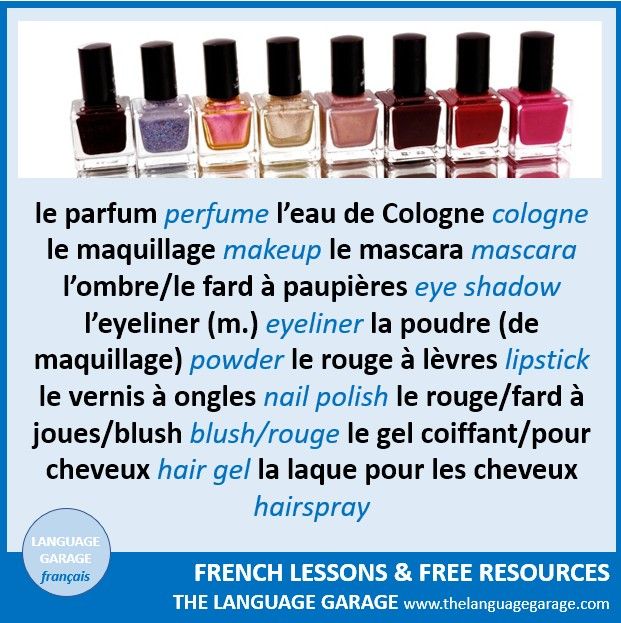 French vocabulary for perfume and make up, image of bottles of nail polish
