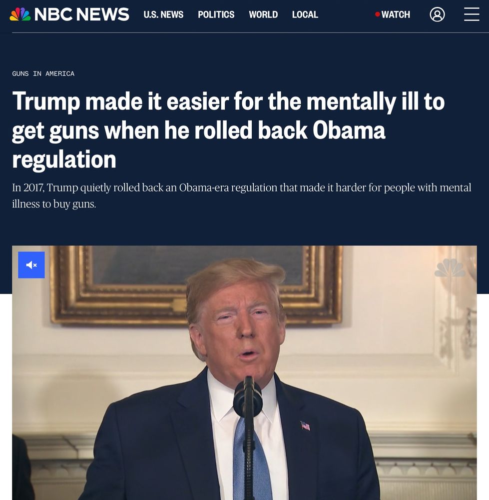 Screenshot of Trump from NBC website stating “Trump made it easier for the mentally ill to get guns when he rolled back Obama regulation. 