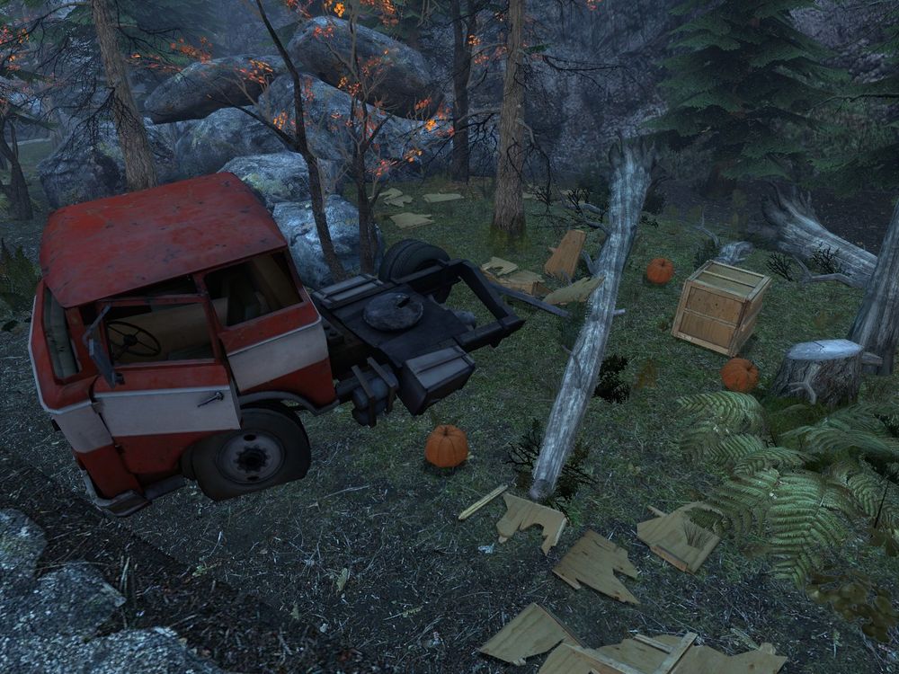 More pumpkins next to a crashed truck on the road connecting the White Forest Inn to White Forest base. There are 4 pumpkins total, only 3 are visible in the picture.