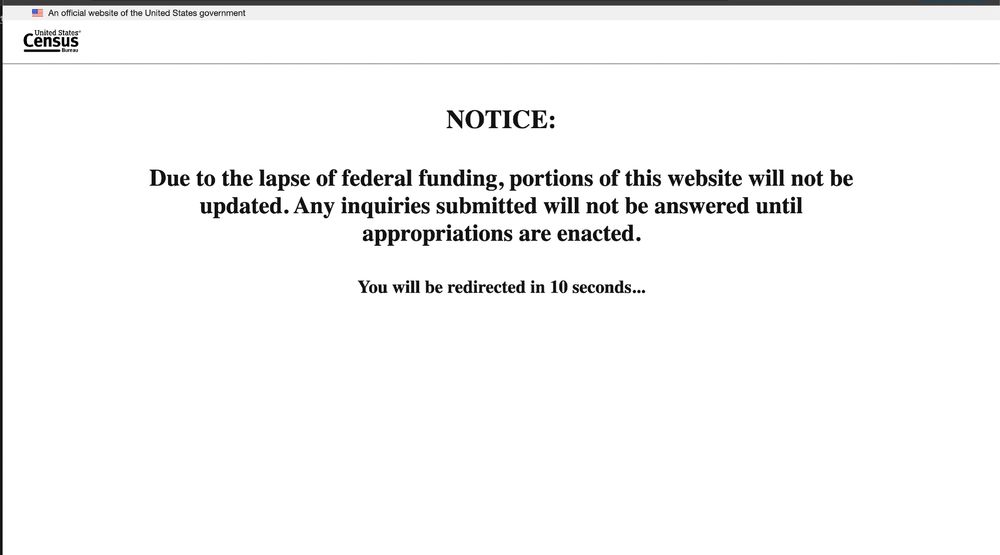 Screen capture showing the US Census Bureau is impacted by a loss of federal funding.