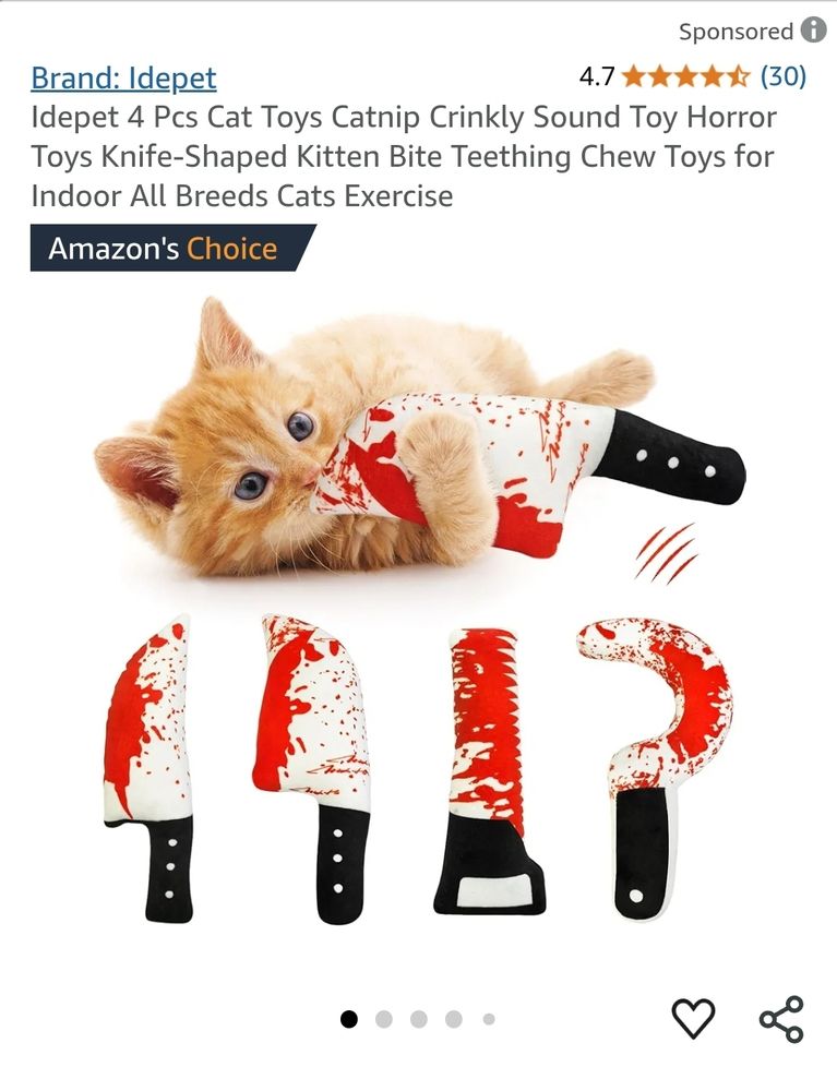 And orange tabby kitten playing with soft toys shaped like murder weapons.