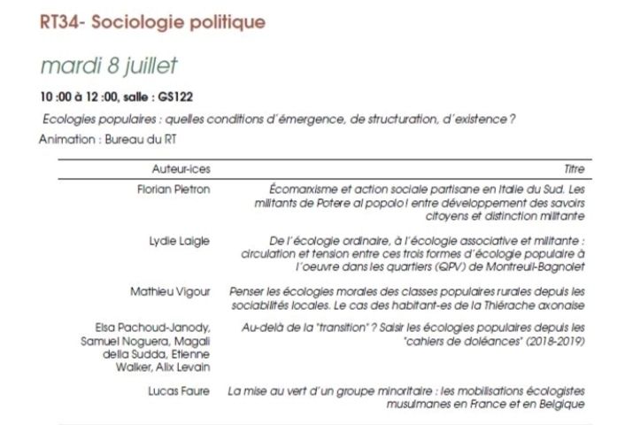 Programme de la session "Écologies populaires : quelles conditions d'émergence, de structuration, d'existence" au congrès de l'Association française de sociologie à Toulouse