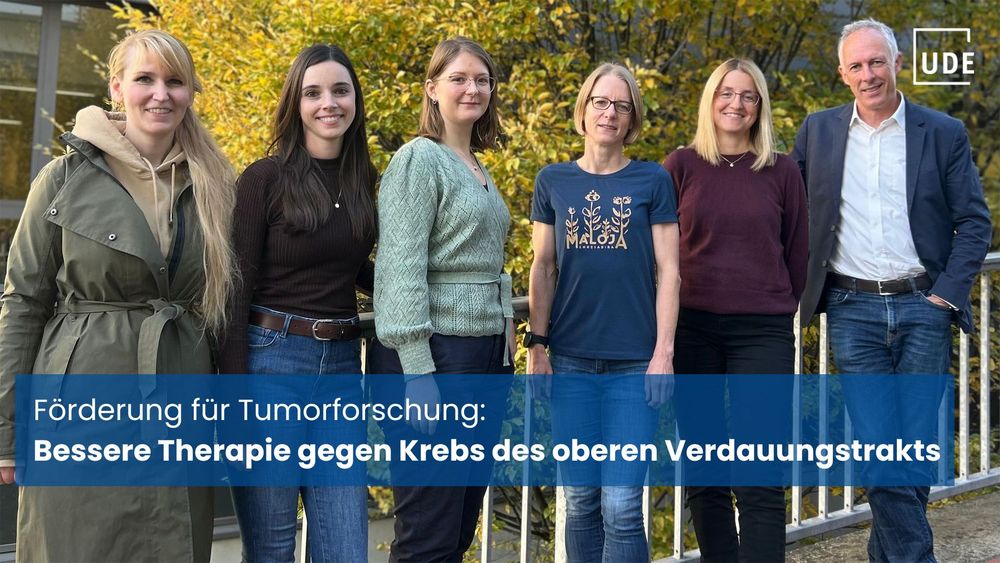 Foto der in Essen forschenden Teammitglieder. Es sind sechs Personen (v.l.): Dr. Valeska von Kiedrowski, Dr. Kim Fischer, Dr. Lisa Rennau, Prof. Dr. Katharina Lückerath, Dr. Marija Trajkovic-Arsic und Prof. Dr. Jens Siveke. Text: Förderung für Tomurforschung: Bessere Therapie gegen Krebs des oberen Verdauungstraktes.