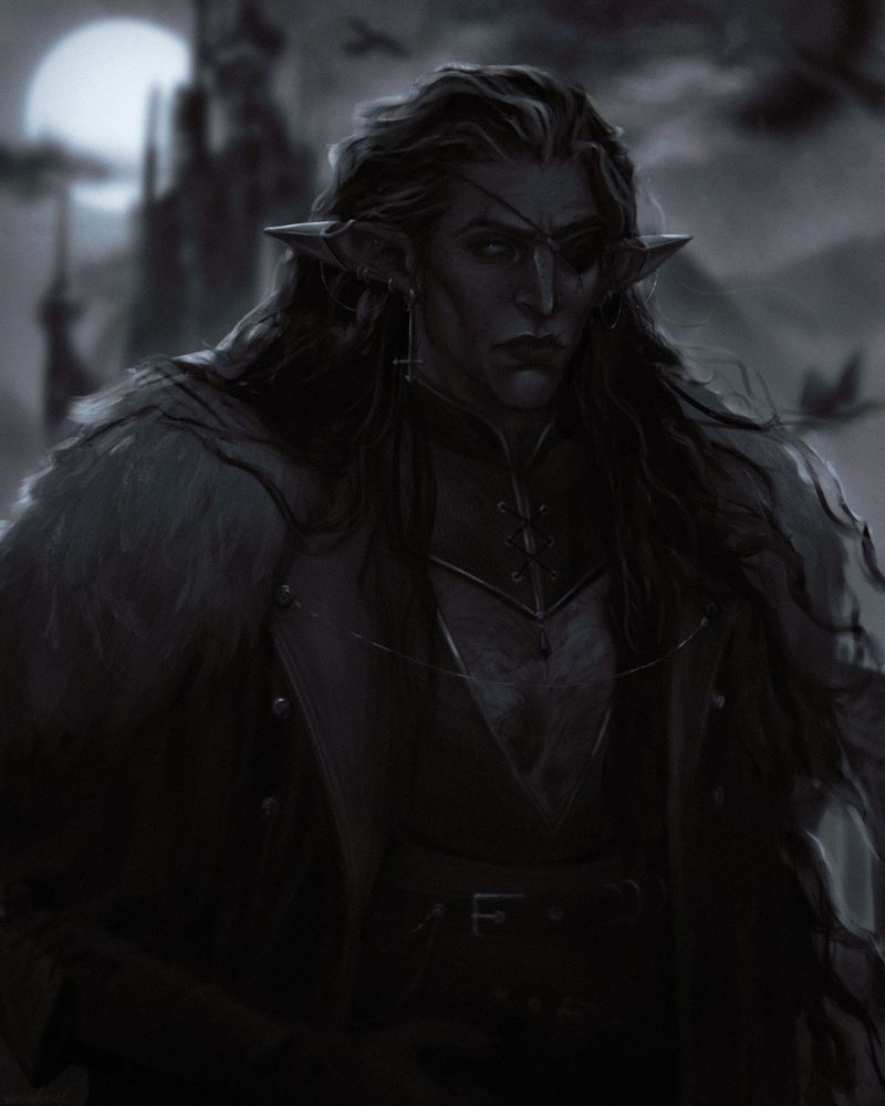 a waist-up portrait of an elezen wearing an eyepatch and dark clothes, silver jewelry and a fur mantle. in the (blurred) background, we see crows flying around on one side, and the city-state of ishgard in front of a full moon on the other. // character: verrot mielnoireu, belonging to @ sabattons.com