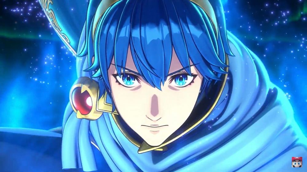 A screenshot of Emblem Marth with a serious face from the Fire Emblem Engage reveal trailer at the 2022 Nintendo Direct