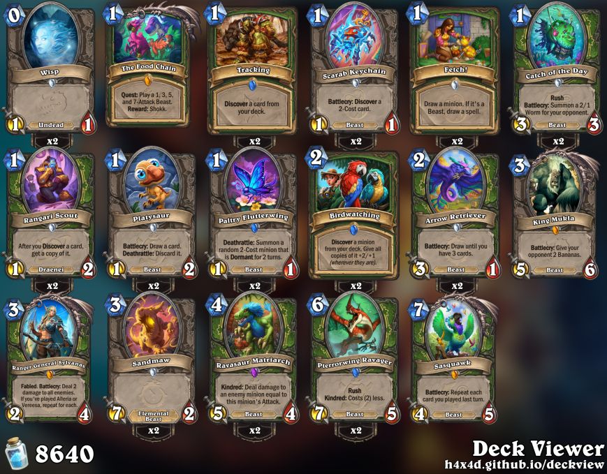 Quest Hunter w 7 new cards: 2 Paltry Flutterwing, 2 Arrow Retriever, 2 Sandmaw & Sylvanas/sisters.