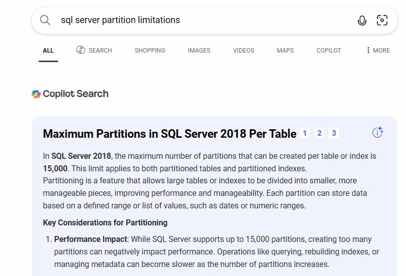 Copilot Search returning information about Maximum Partitions in SQL Server 2018