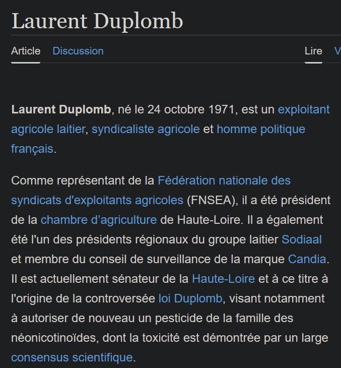 Page wikipedia de Laurent Duplomb, représentant syndical de la FNSEA, exploitant agricole et sénateur