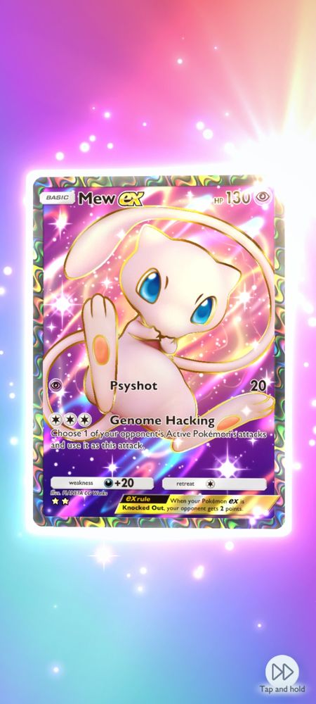 a screenshot of me pulling the Mew Ex card in Pokemon Trading Card Game Pocket (I love gambling)