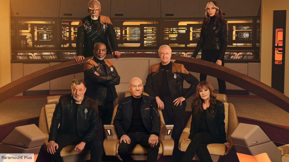 The crew from Star Trek Picard season three at the Enterprise D.