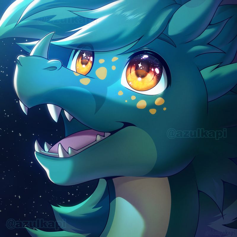 Furry commission of a green blue fluffy dragon with yellow eyes looking up at the starry sky. The dragon is smiling and his eyes sparkle. The background is dark and full of stars. Commission done for Sekaiser.