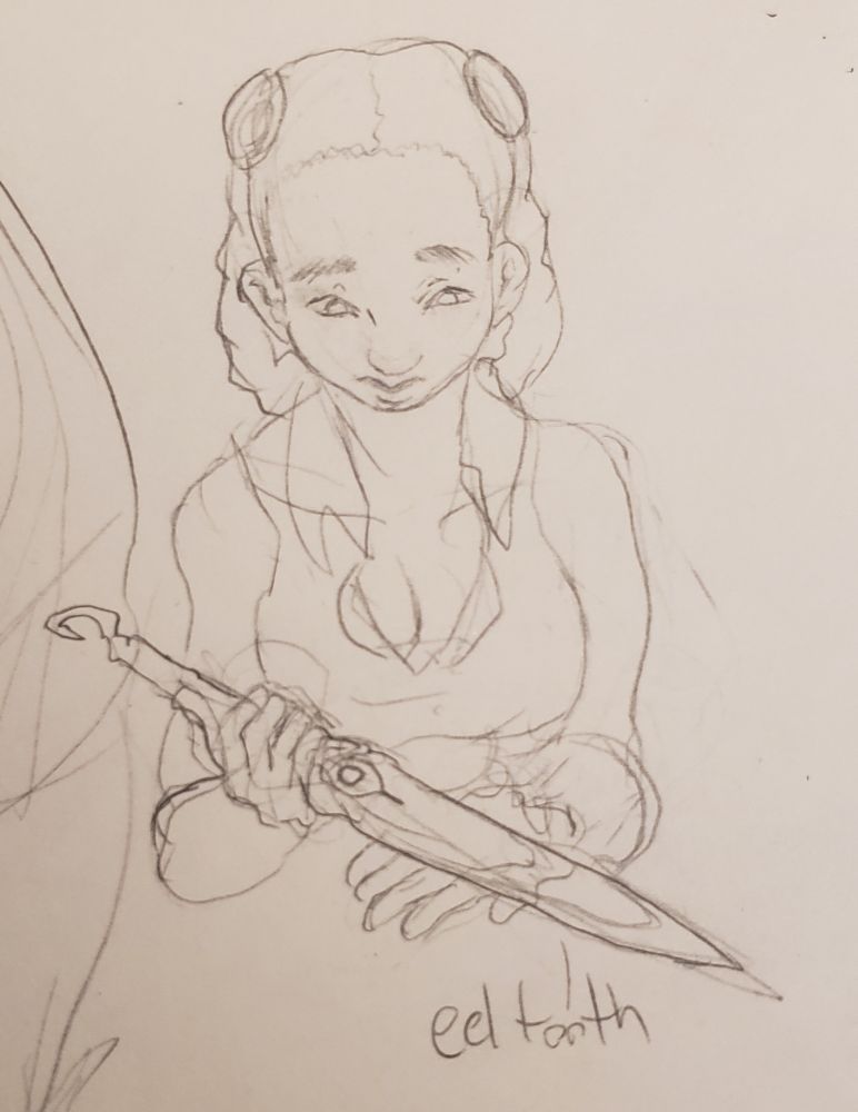 A young woman looking contemplative holds a knife fashioned from an eel tooth