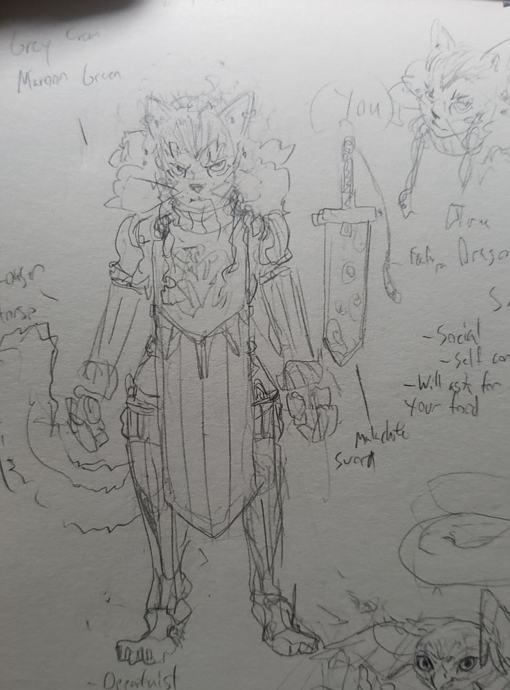 A small Somali Cat-person wearing a tabard and light armor. A character only referred to in second person by the narrative; You.

You wear a stern expression that contradicts the inviting shape of your fluffy tail. Also pictured is your Malachite Sword, your favorite possession.
