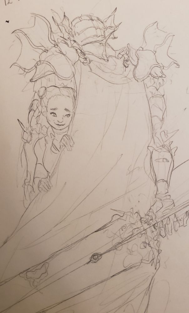 The young woman finds safety in the comfort of a cloak, worn by a large aquatic themed knight 