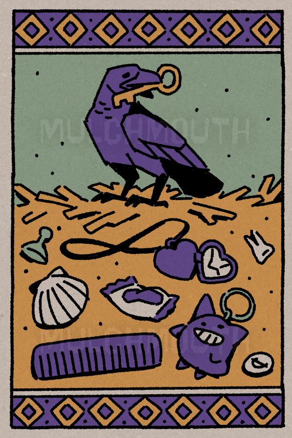 Stylized illustration of a crow showing off their cache of stolen treasures. In the crow's mouth is a gold key. 