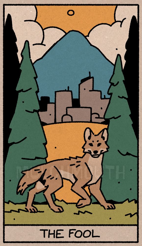 Stylized illustration of a coyote mid stride in a break in the forest line. Behind the coyote is a city on a hill with a larger mountain behind it. Where is the coyote going? What path are they taking?