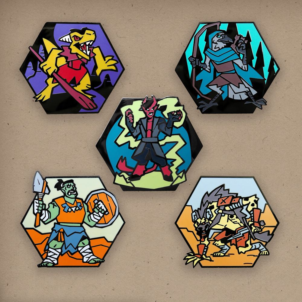 collection of hard enamel pins of some of the more monstrous player races in fantasy ttrpg settings.