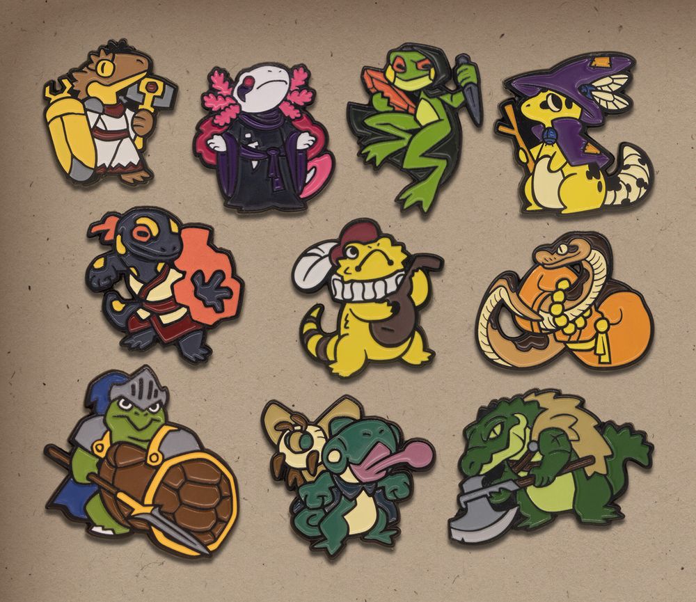 collection of soft enamel pins of different reptiles and amphibians dressed as ttrpg classes