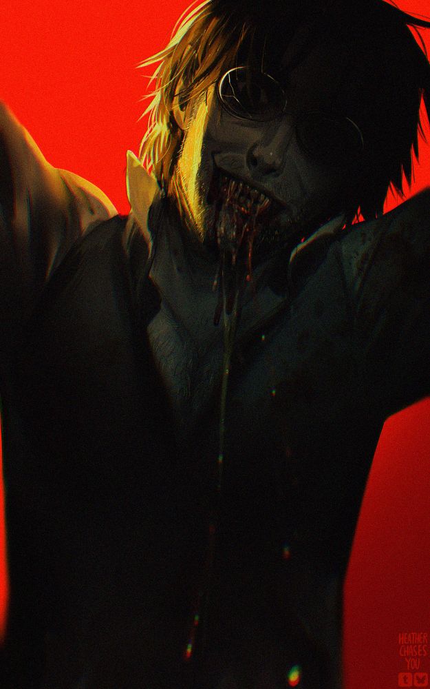 A dark atmosphere illustration of a vampiric man dressing a blood-stained white shirt and a brown vest, brown middle curtain haircut and oval glasses, he has a feral maniac look, his eyes look predatory and his mouth's drooling with saliva and blood.