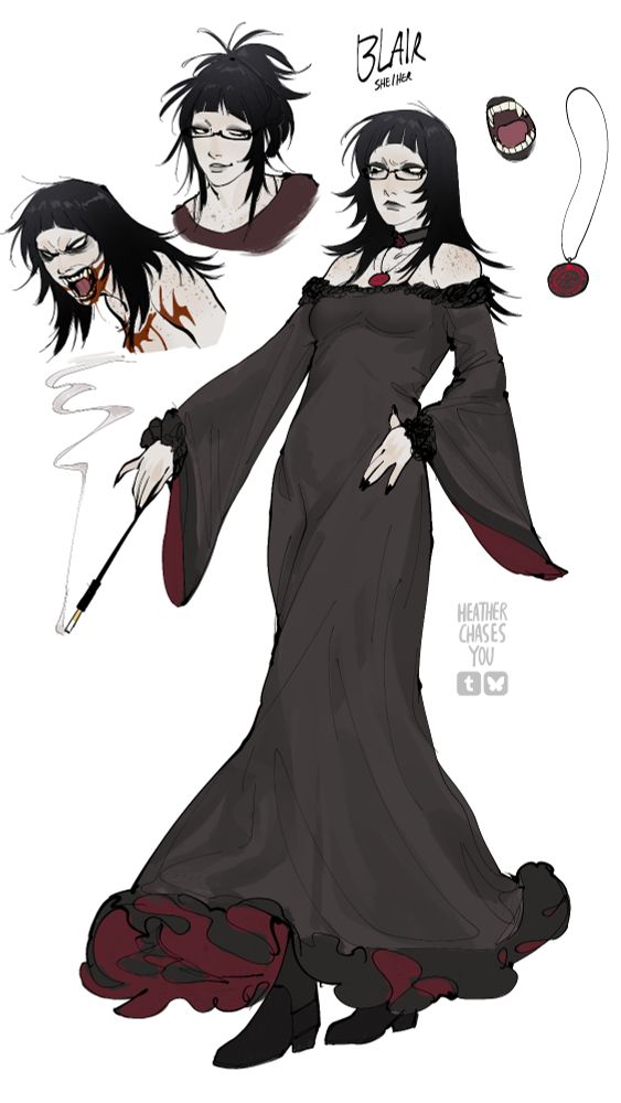 A digital illustration of a vampire goth woman with a long black dress, black long hair and glasses, she's holding a fancy type of cigarette