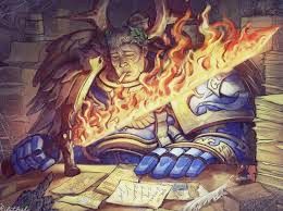 Roboute Guilliman of the Ultramarines surrounded by paperwork lighting his cigarette off his giant burning sword.