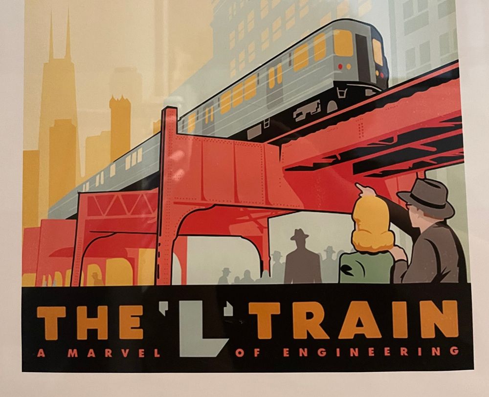 A classic travel poster showing an overground railway in a city, it is labelled "The L Train".